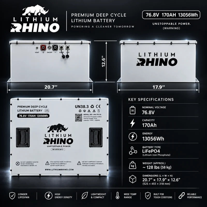 “Superior Lithium Performance” Rhino 76.8V (76V) 170AH “GODZILLA” – Complete Kit – Self Heated