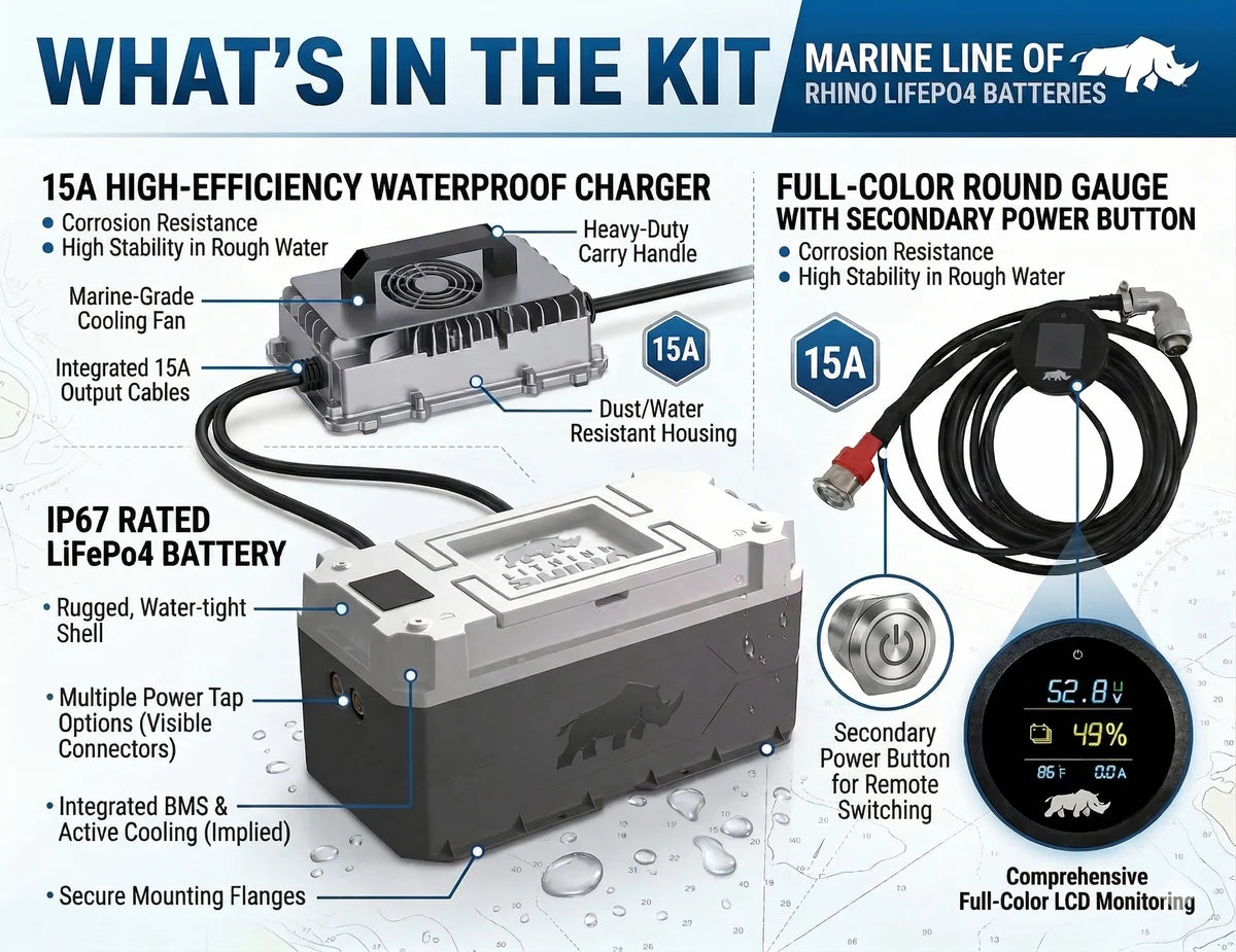 “Superior Lithium Performance” Rhino 38.4V (36V) 120AH Marine LiFeP04IP67 Conversion Kit